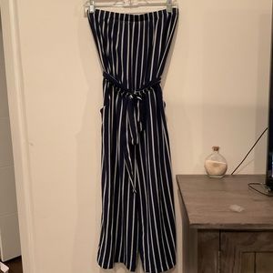 Navy and cream striped strapless jumpsuit